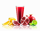 Glass of pomegranate, lemon and lime smoothie, illustration