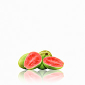 Whole and cut guavas, illustration