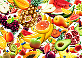 Lots of different fresh fruit falling, illustration