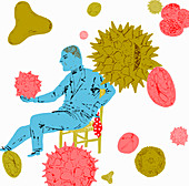 Scientist with handkerchief looking at pollen, illustration