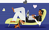 Hearts around man using laptop, illustration