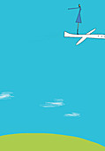 Woman standing on flying airplane, illustration
