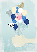 Hand holding animal-shaped helium balloons, illustration