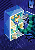 Thief stealing personal belongings from safe, illustration