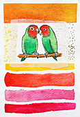 Birds kissing on perch, illustration