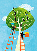 People harvesting bounty from tall tree, illustration