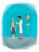 Schoolgirl having check up by nurse, illustration