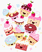 Anthropomorphic cakes, cupcakes and donuts, illustration
