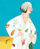 Food images on woman's bathrobe, illustration