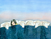 Woman sleeping among sheep, illustration