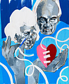 Senior couple sewing broken heart, illustration