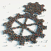 People arranged in cogs, illustration