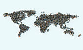 People crowded together forming world map, illustration