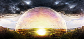 Transparent bubble over countryside, illustration