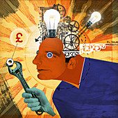 Light bulbs and cogs inside of head of man, illustration