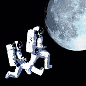 Astronauts space walking toward moon, illustration