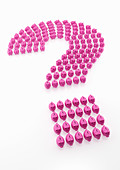 Pink piggy banks forming question mark, illustration