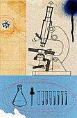 Microscope with beakers and test tubes, illustration