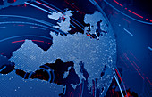 Data swirling around Europe on digital globe, illustration