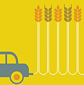 Car leaving trail of wheat stalks, illustration