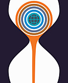 Globe pouring through hourglass, illustration