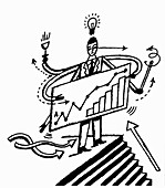 Businessman at top of steps holding graph, illustration