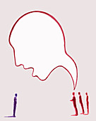 Face shaped speech bubble over man, illustration