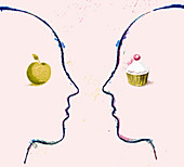 Apple and cupcake on contrasting faces, illustration