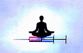 Woman in lotus position on hypodermic needle, illustration