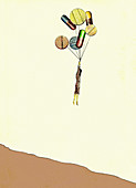 Woman hanging from pill and capsule balloons, illustration