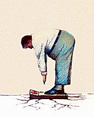 Ground cracking under obese man, illustration