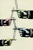 Large fingers supporting ladders, illustration