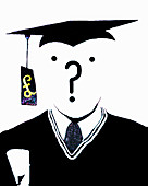 Question mark over face of graduate, illustration