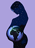 Globe inside pregnant woman's stomach, illustration
