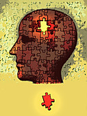Missing jigsaw piece outside man's head, illustration