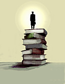 Graduate standing on pile of books, illustration