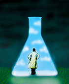 Scientist looking at flask containing sky, illustration
