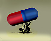 Man struggling below large pill, illustration