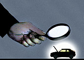 Hand holding magnifying glass over car, illustration