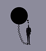 Man trapped by ball and chain thought bubble, illustration