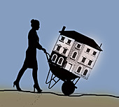 Woman pushing house in wheelbarrow, illustration