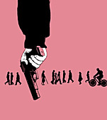 People unaware of man holding gun, illustration