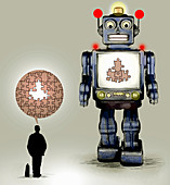 Robot with missing pieces of jigsaw puzzle, illustration