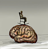 Elderly man in rocking chair on top of brain, illustration