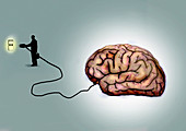 Businessman plugging in large human brain, illustration