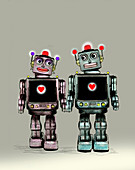 Two robots falling in love, illustration