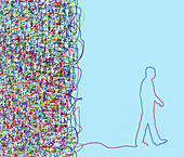 Man walking away from tangled string, illustration