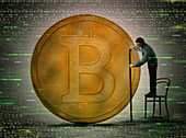 Man measuring size of bitcoin, illustration