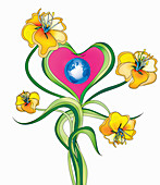 Globe in centre of heart-shaped flower, illustration