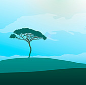 Tree in tranquil field, illustration